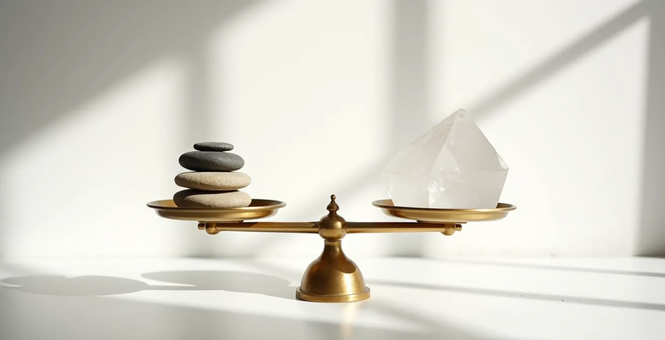 Balance ancienne en laiton équilibrant deux plateaux symbolisant prix et qualité