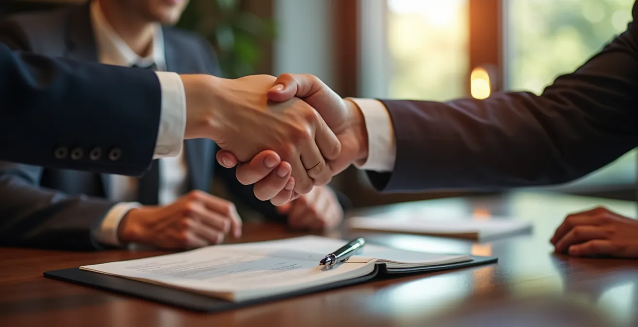 Mains échangeant des documents lors d'une signature de contrat professionnel