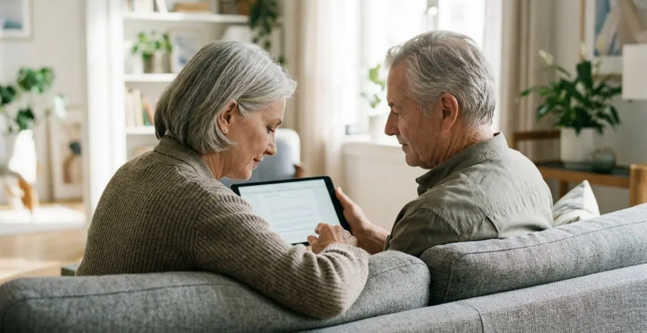 Un couple de seniors assis sur un canapé moderne consulte des documents ensemble dans un salon baigné de lumière naturelle