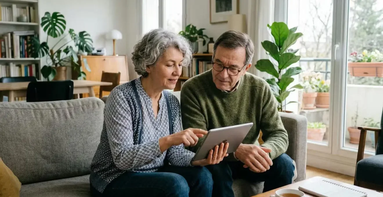 Couple senior français consultant leur mutuelle sur tablette dans salon lumineux