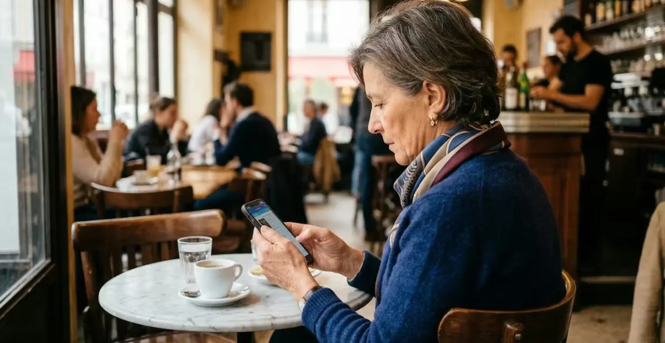 Femme senior consultant son application mutuelle sur smartphone dans un café français