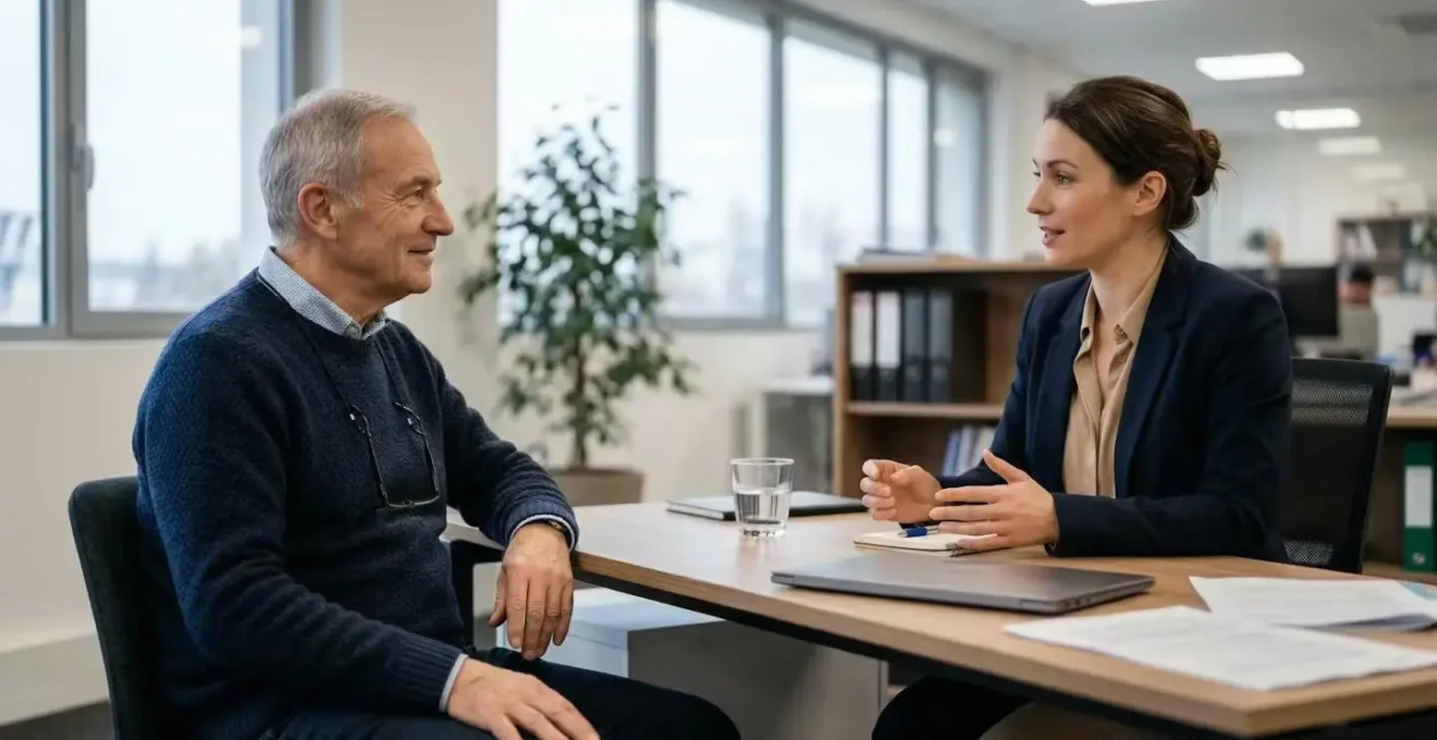 Senior homme en consultation avec un conseiller assurance dans un bureau moderne