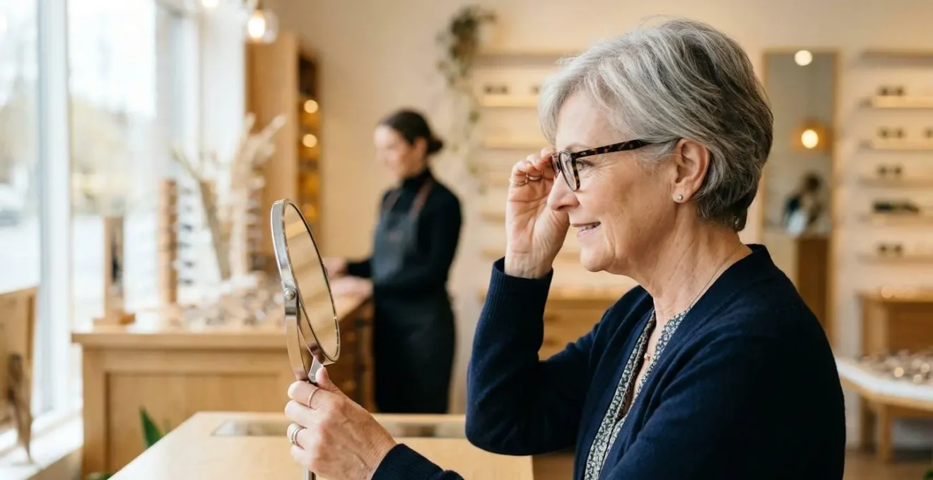Une personne senior essaie des montures de lunettes dans un espace lumineux avec l'aide d'un opticien en arrière-plan flouté