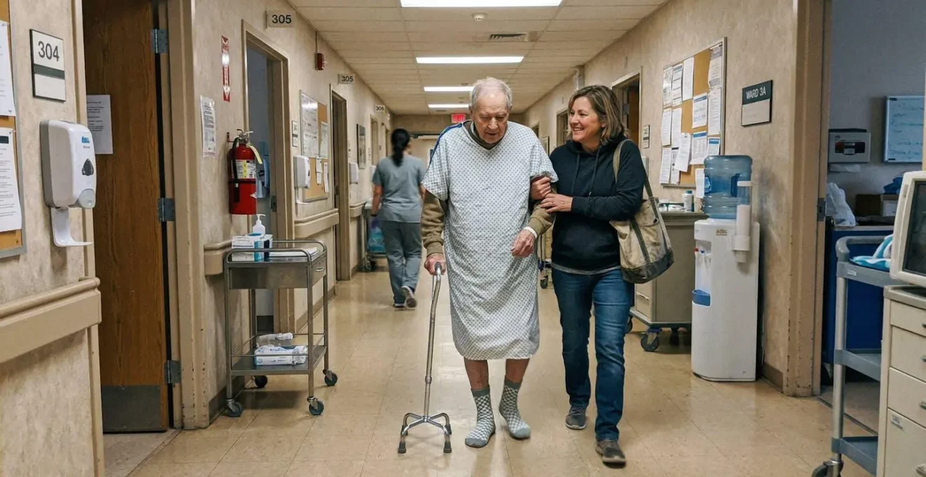 Un couloir d'hôpital avec une personne âgée marchant aux côtés d'un proche