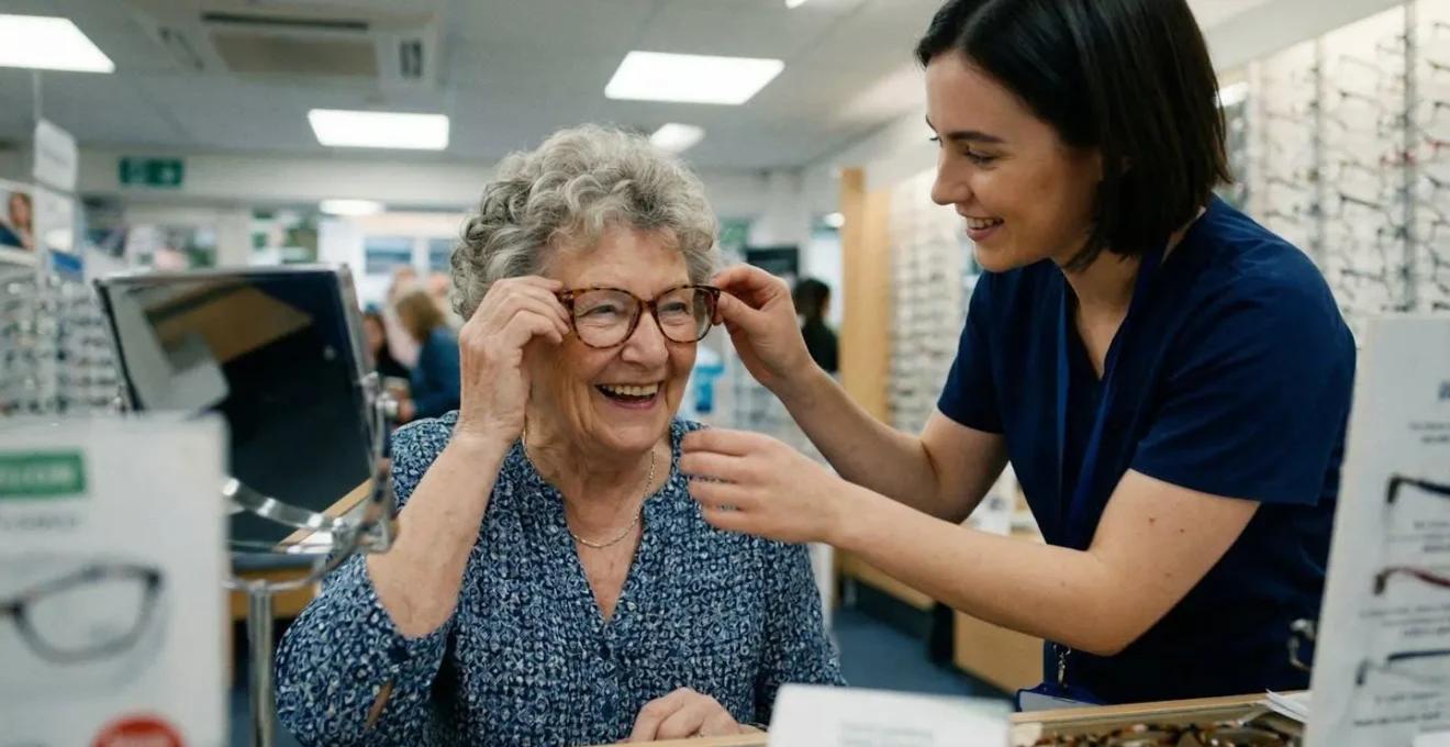 Une cliente senior essaie des montures de lunettes chez un opticien, assistée par un professionnel