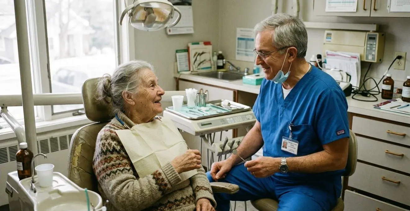 Un patient senior discute avec son dentiste dans un cabinet médical moderne