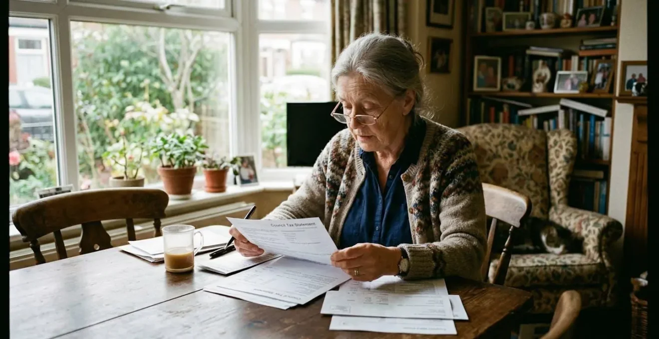 Une femme d'une soixantaine d'années assise dans son salon consulte des documents administratifs avec ses lunettes de lecture