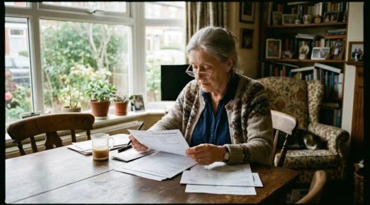 Une femme d'une soixantaine d'années assise dans son salon consulte des documents administratifs avec ses lunettes de lecture