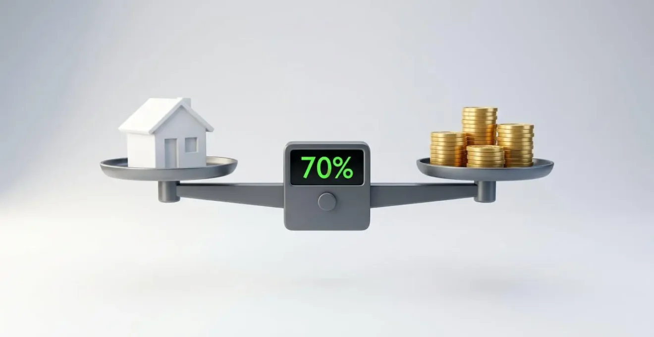 Illustration 3D d'une balance équilibrant une maison et des pièces d'euros, avec un écran affichant 70%, symbolisant le calcul de la quotité du prêt relais