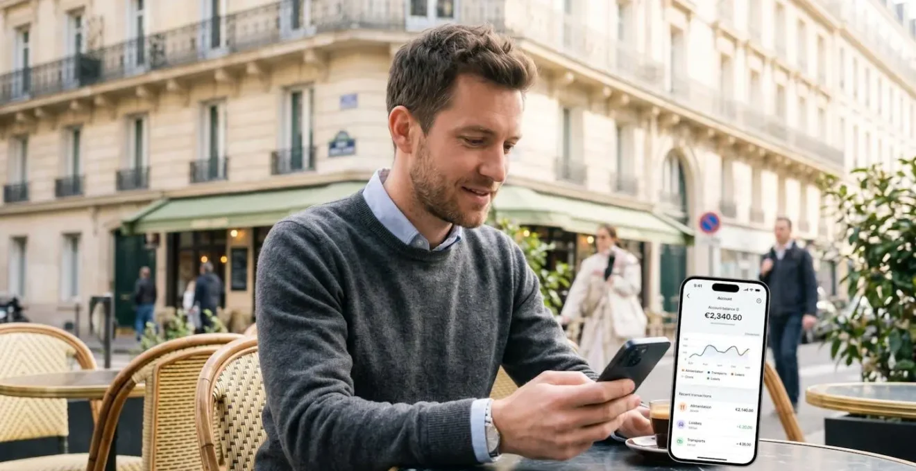 Jeune actif parisien consultant une application bancaire mobile sur son smartphone à la terrasse d'un café, façades haussmanniennes en arrière-plan