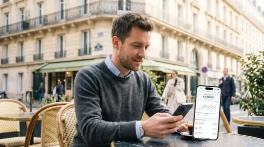 Jeune actif parisien consultant une application bancaire mobile sur son smartphone à la terrasse d'un café, façades haussmanniennes en arrière-plan