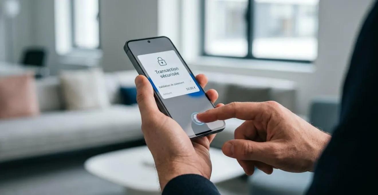 Mains utilisant l'authentification biométrique par empreinte digitale sur smartphone pour valider une transaction bancaire sécurisée