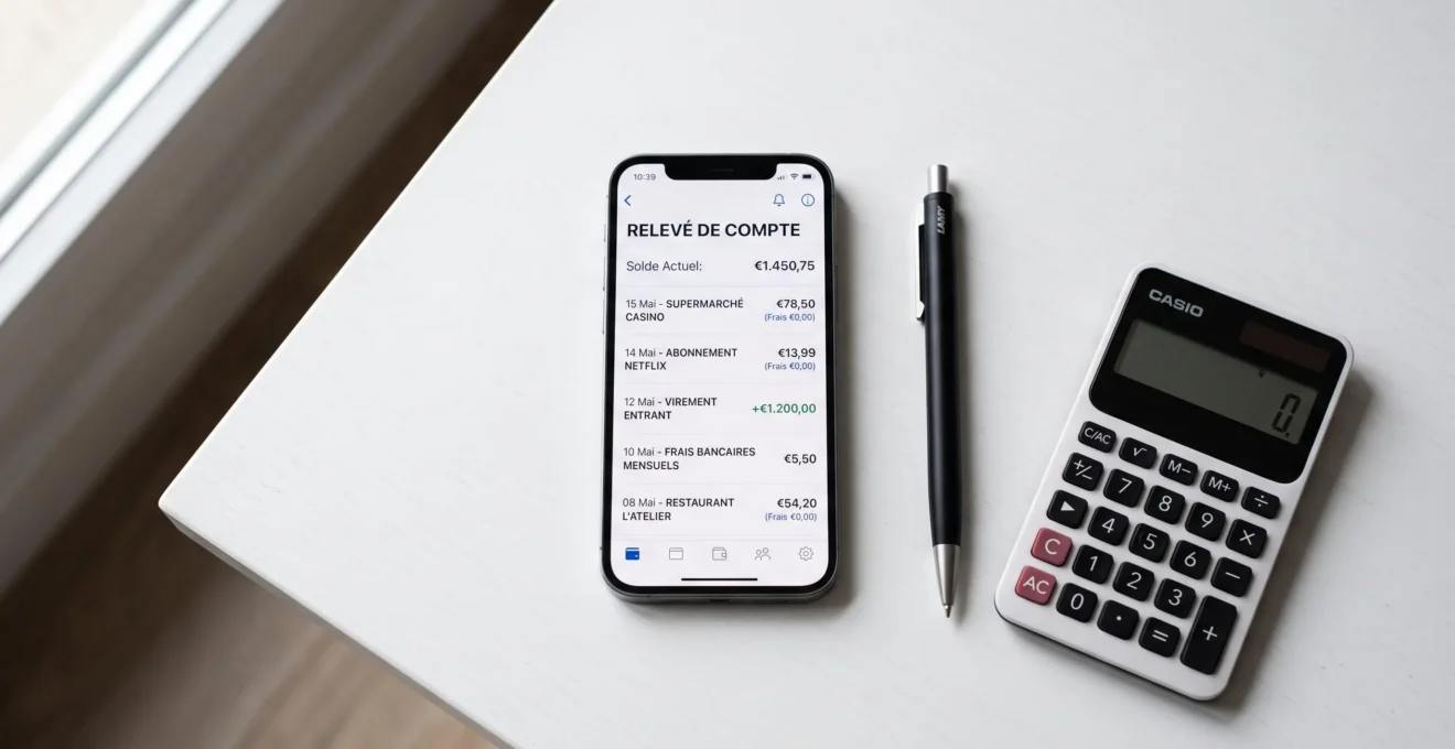 Smartphone affichant un relevé bancaire mobile avec liste de transactions et frais en euros, posé sur un bureau blanc avec calculatrice et stylo