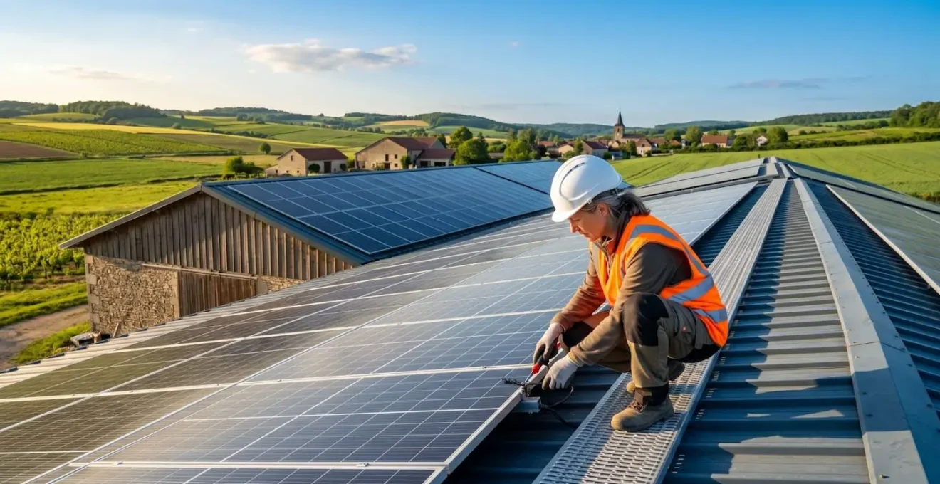 Technicienne inspectant des panneaux solaires installés sur un bâtiment agricole en zone rurale française, collines verdoyantes en arrière-plan sous lumière dorée