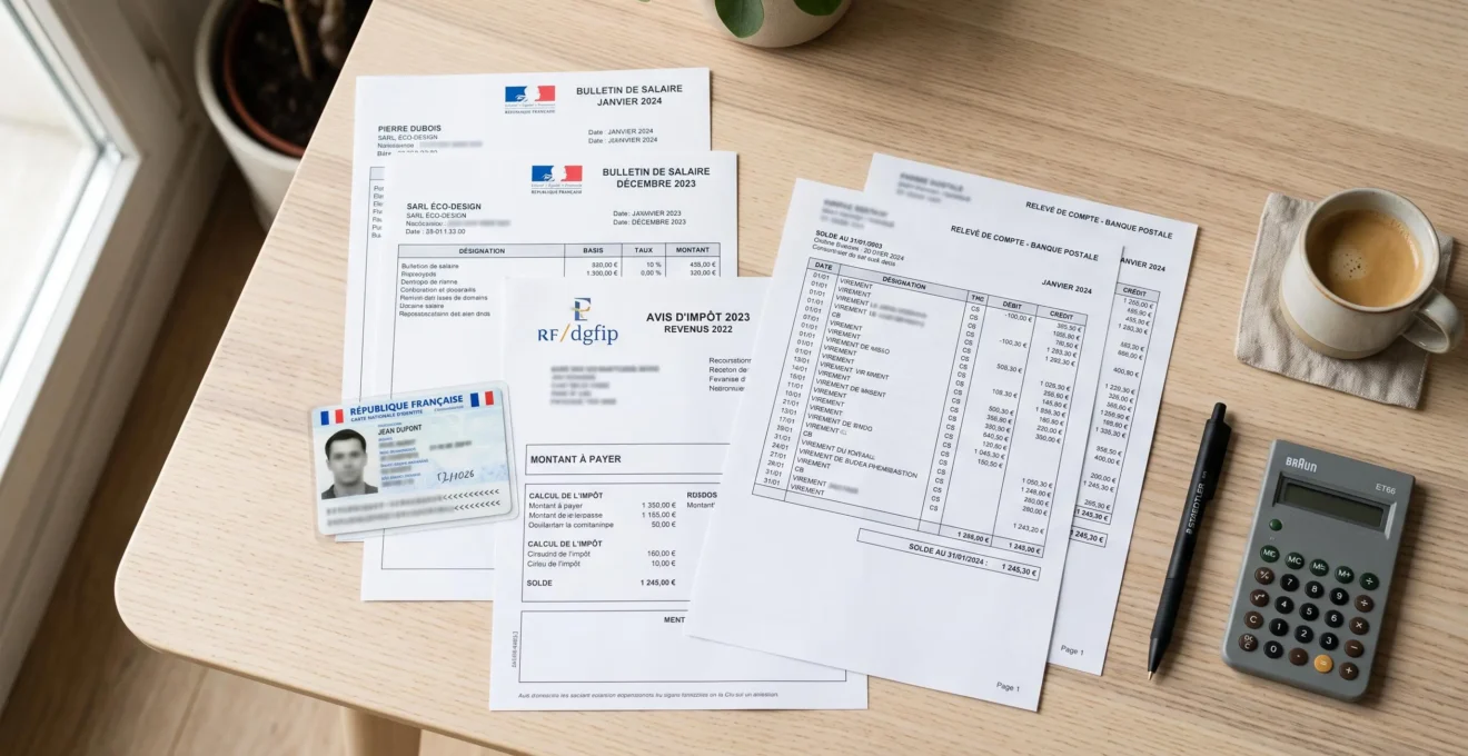 Documents administratifs français pour dossier de prêt immobilier disposés sur bureau : bulletins de salaire, avis d'imposition, relevés bancaires et pièce d'identité