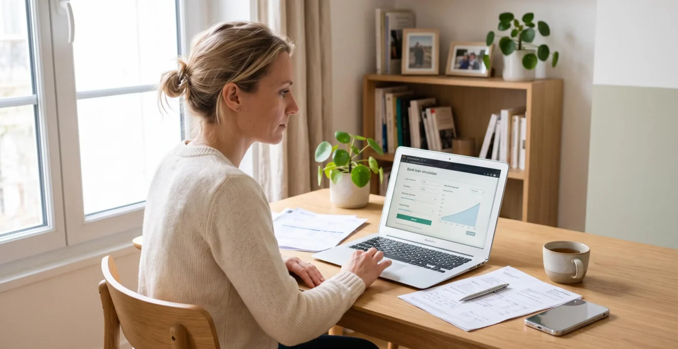 Personne concentrée à son bureau domestique remplissant une demande de prêt immobilier sur ordinateur portable, avec documents administratifs disposés à proximité