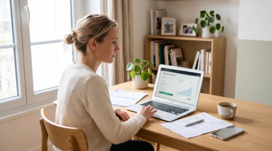 Personne concentrée à son bureau domestique remplissant une demande de prêt immobilier sur ordinateur portable, avec documents administratifs disposés à proximité