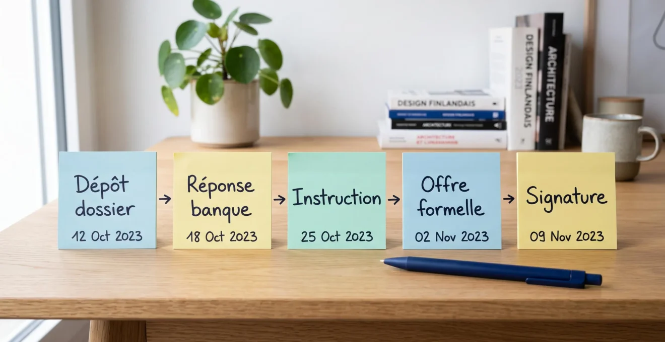 Planning visuel du processus de demande de crédit immobilier avec post-its colorés annotés des étapes clés disposés chronologiquement